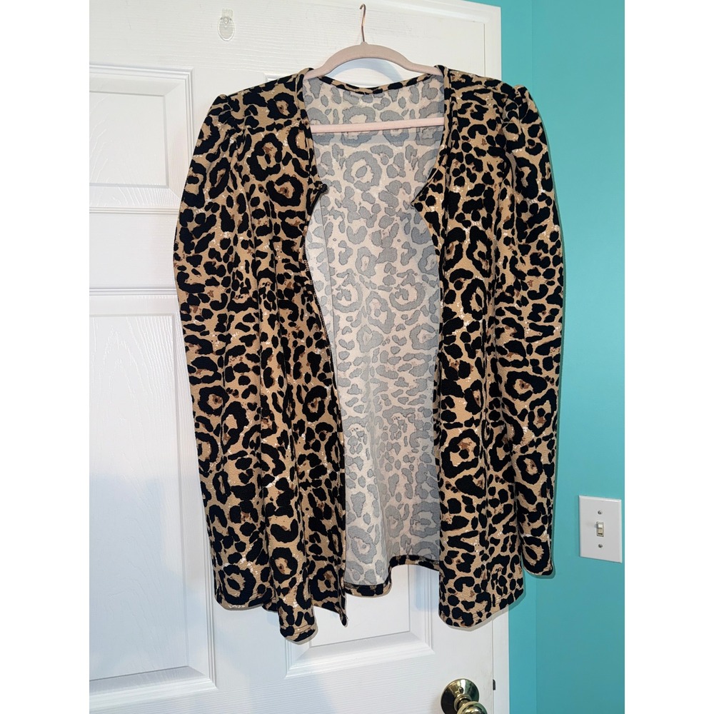 Leopard Print Open Front Cardigan Puff Shoulder Animal Pattern Brown Black XXL